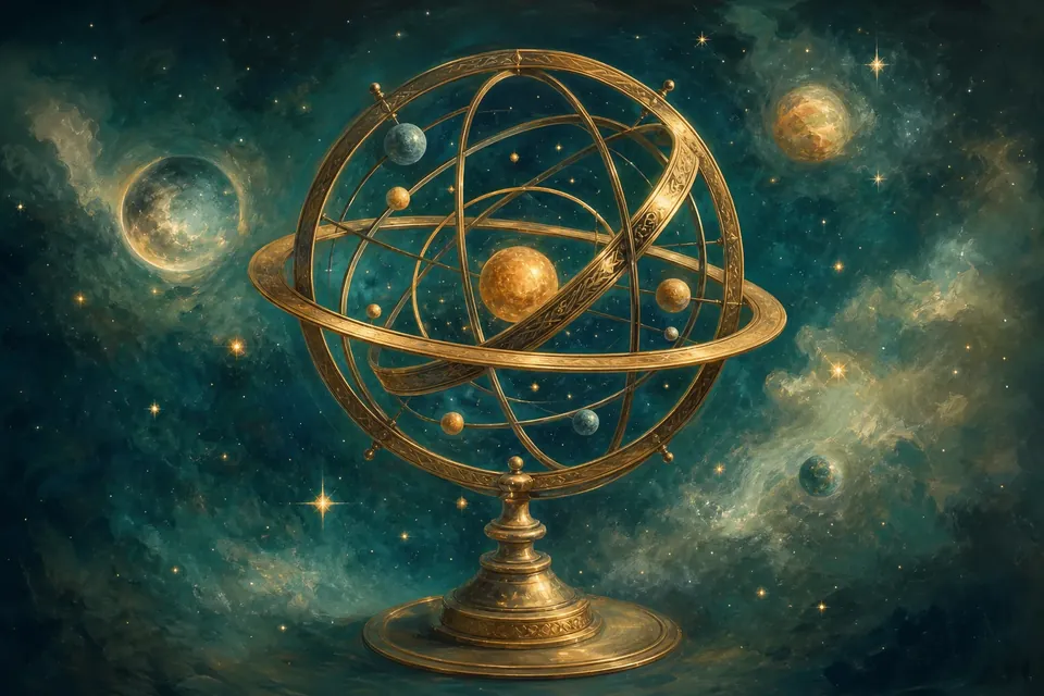 Goldene Himmelskugel mit Planetenbahnen – Astrologie