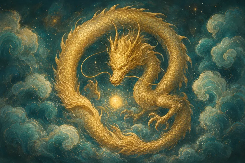 Goldener chinesischer Drache zwischen Wolken – chinesisches Horoskop