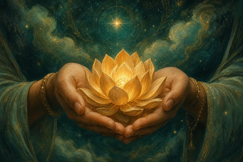 Leuchtende Lotusblüte in geöffneten Händen – Spiritualität