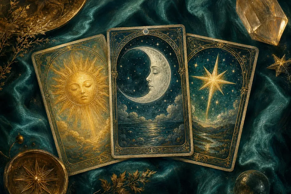 Drei Tarotkarten mit Sonne, Mond und Stern – Tarot