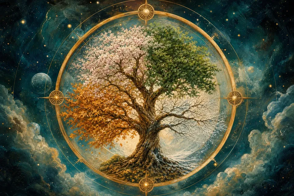 Ein Baum im Wandel der vier Jahreszeiten – Jahreshoroskop