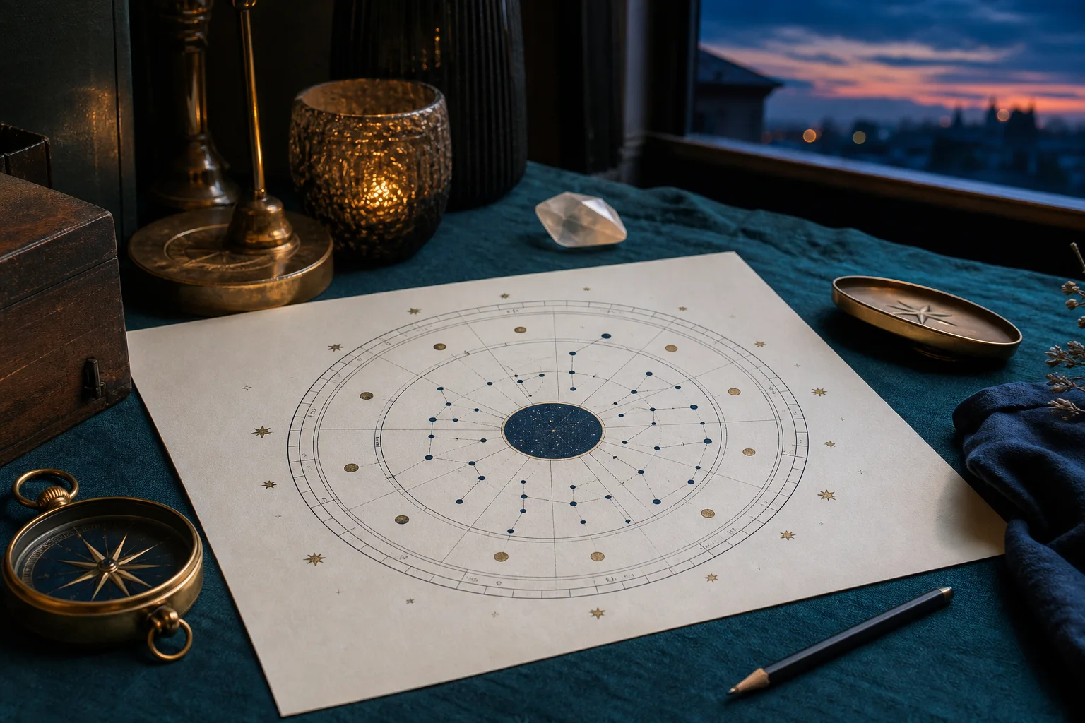 Astrologische Radix-Grafik auf cremefarbenem Papier mit Messingkompass bei ruhigem Abendlicht