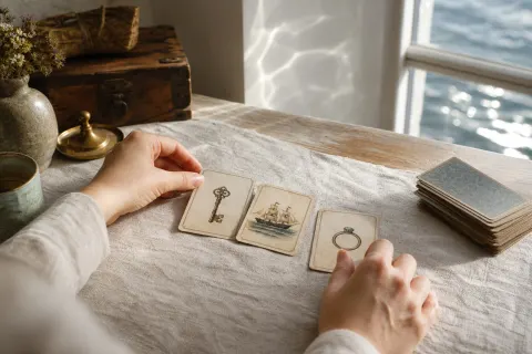 Lenormandkarten mit Schlüssel, Schiff und Ring auf hellem Leinen