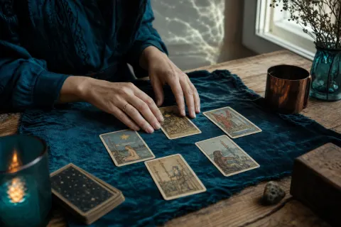 Hände legen Tarotkarten auf petrolfarbenem Samt