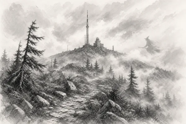 Schwarz-weiße Illustration: Der Hexen Blocksberg der Brocken