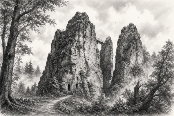 Schwarz-weiße Illustration: Die Externsteine mystischer Kraftort seit mehr als 5000 Jahren