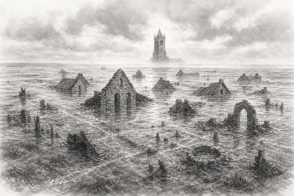 Schwarz-weiße Illustration: Rungholt die Geisterinsel der Nordsee