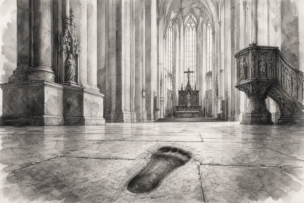 Schwarz-weiße Illustration: Der Teufelstritt in der Frauenkirche