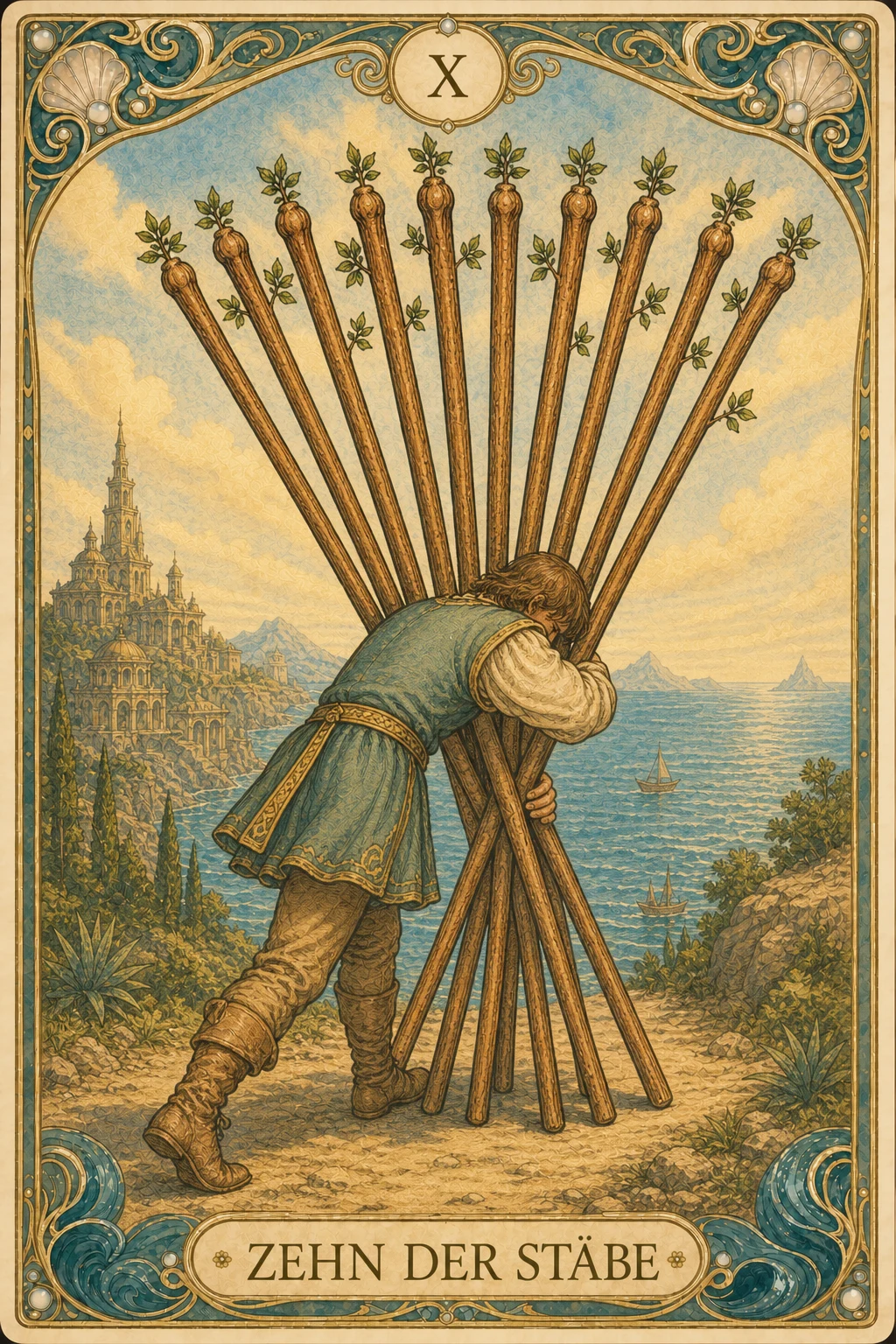 Astrolantis-Tarotkarte Zehn der Stäbe