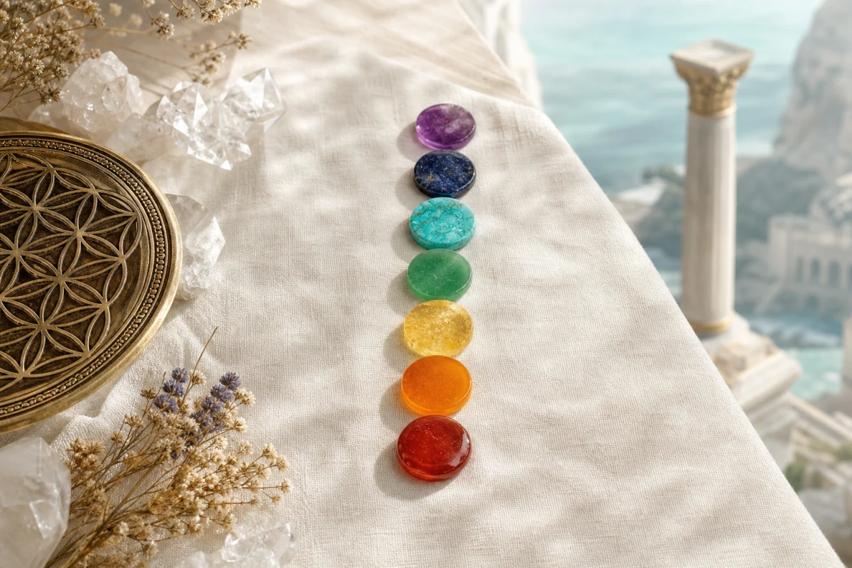 Sieben farbige Chakra-Steine auf hellem Leinen