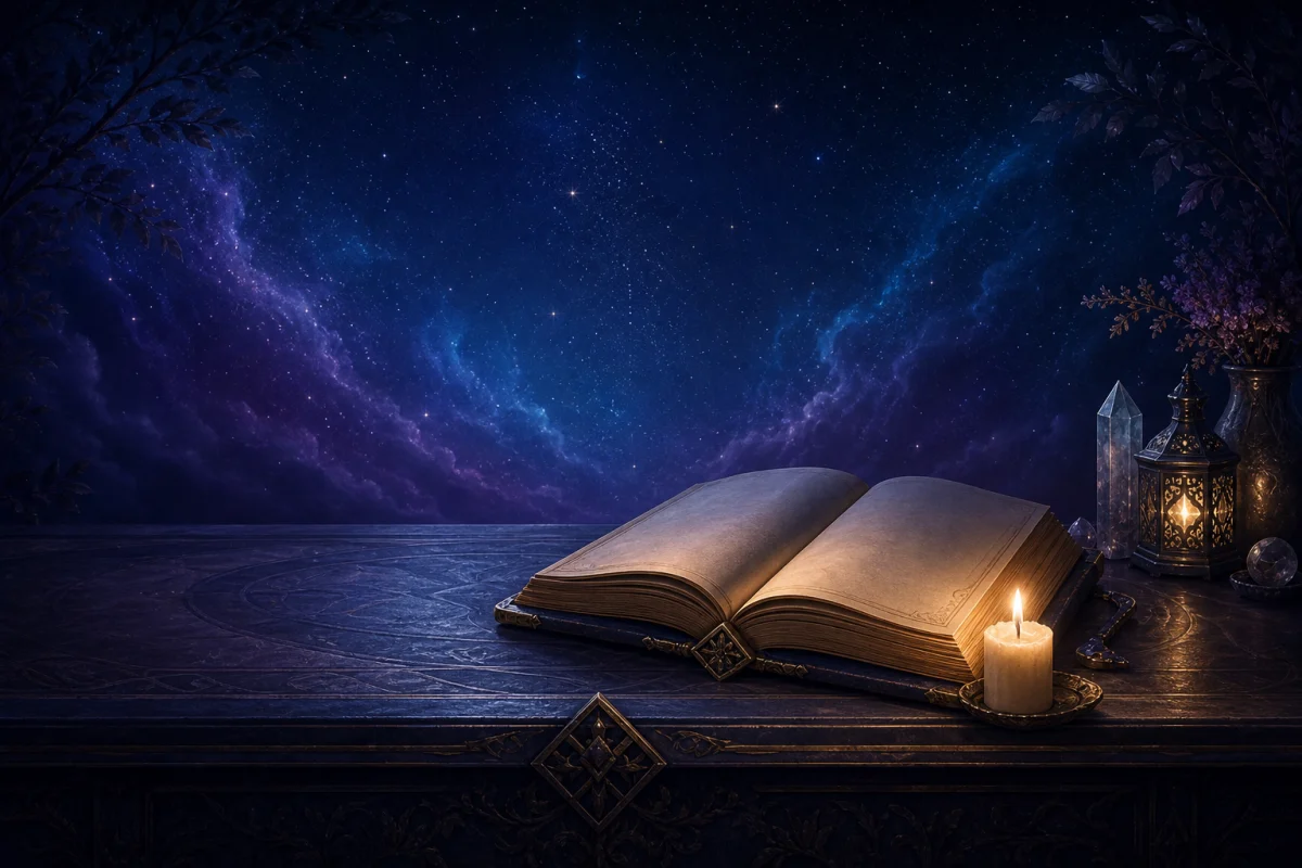 Offenes Kerzenbuch und brennende Kerze unter einem tiefblauen Sternenhimmel