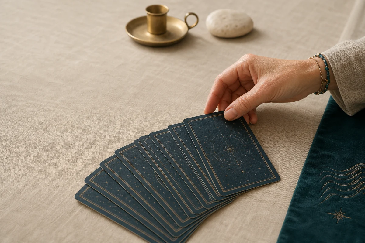 Eine Hand wählt intuitiv eine Tarotkarte aus einem Kartenfächer