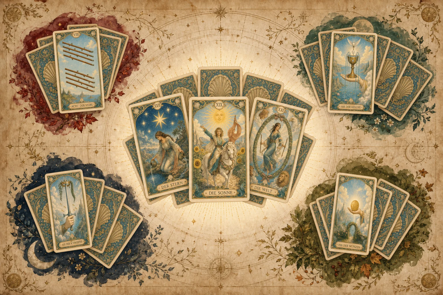 Aufbau eines Tarotdecks mit Großer Arkana sowie Stäben, Kelchen, Schwertern und Münzen