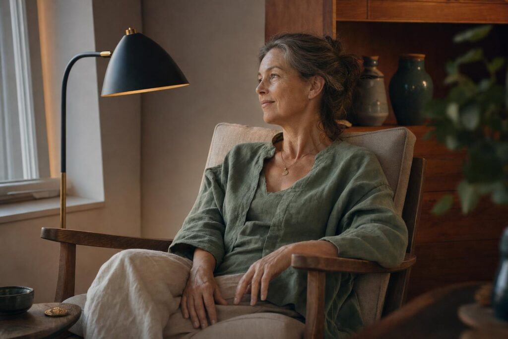 Erwachsene Person in einem ruhigen Wohnraum bei einer Meditation zum Loslassen am Abend