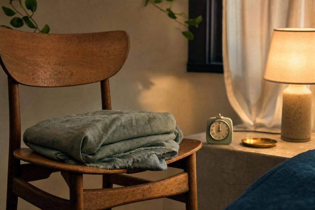 Vorbereiteter Meditationsplatz mit Stuhl, Leinendecke, analogem Timer und gedämpftem Licht