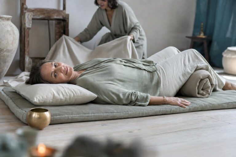 Erwachsene Person bei einer Body Scan Meditation auf einer Leinenmatte in einem ruhigen Raum