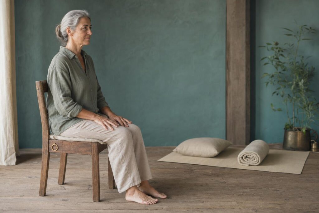 Sitzposition für den Body Scan mit beiden Füßen am Boden und Händen auf den Oberschenkeln