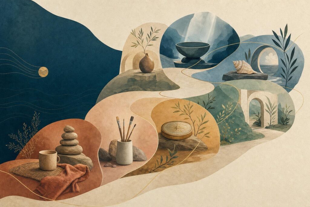 Illustration eines ruhigen Weges durch sieben farblich gedämpfte Landschaftsbereiche für die Themen der Chakren.
