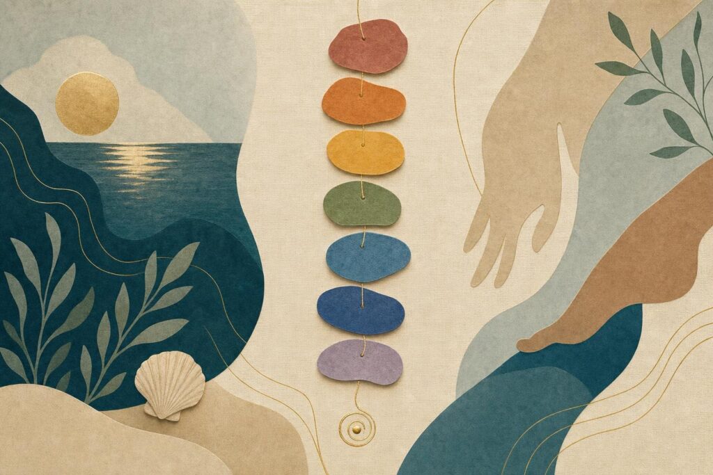 Sieben gedämpfte Papierformen auf Leinen zeigen die aufeinanderfolgenden Stationen der Chakra Meditation.