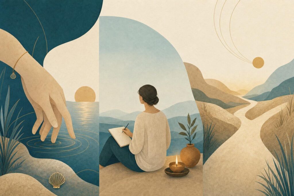 Illustration einer offenen Hand, einer schreibenden Person und zweier frei wählbarer Wege.