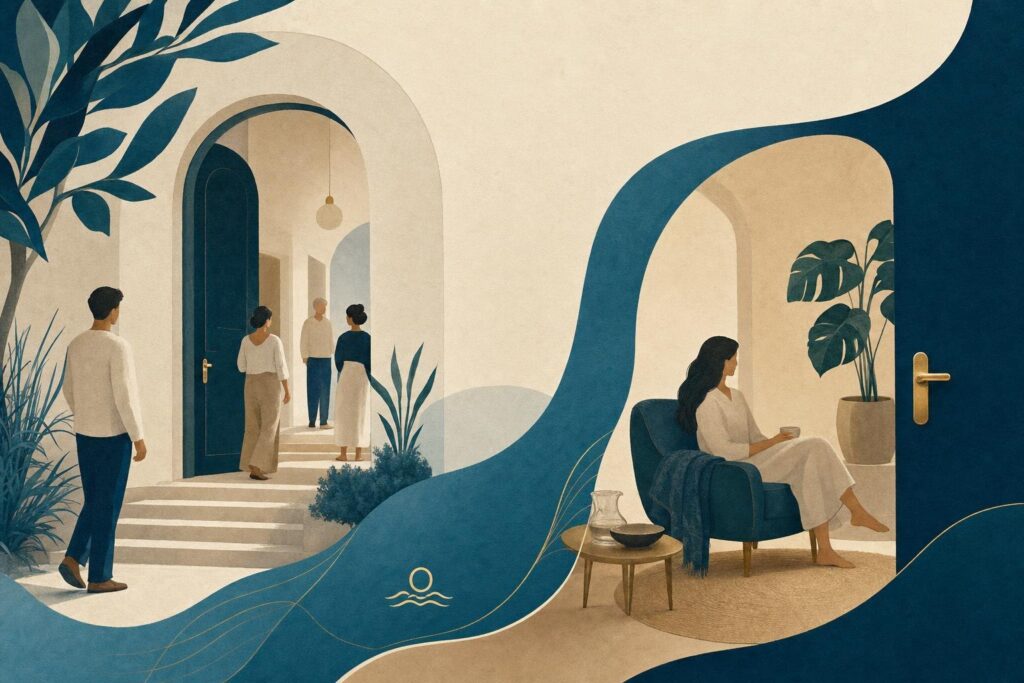 Illustration eines gemeinschaftlichen Hauseingangs und eines getrennten privaten Wohnraums als zwei Ebenen des Zuhauses.