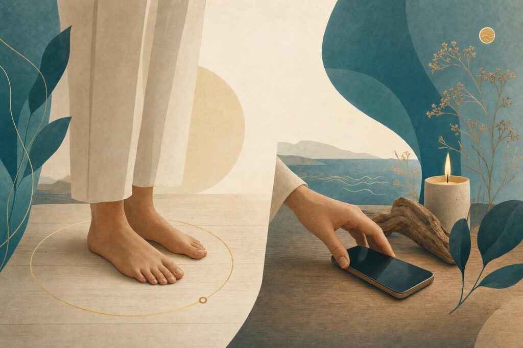 Illustration von Füßen in einer feinen goldenen Kreislinie und einer Hand, die ein Telefon beiseitelegt.
