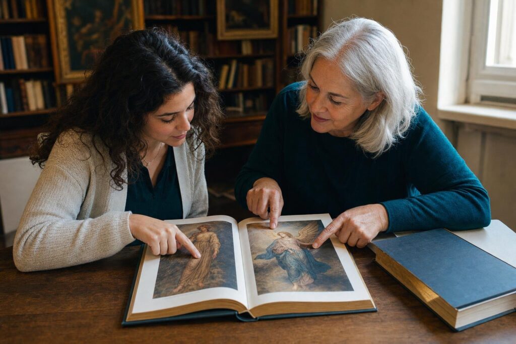Eine junge und eine ältere Frau vergleichen in einem Kunstbuch historische Engelsdarstellungen mit und ohne Flügel.