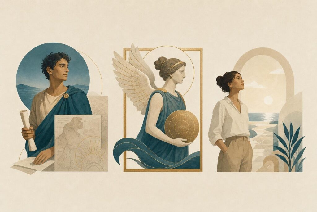 Illustration mit menschlichem Boten, geflügelter Kunstfigur und modernem persönlichen Engelbild.