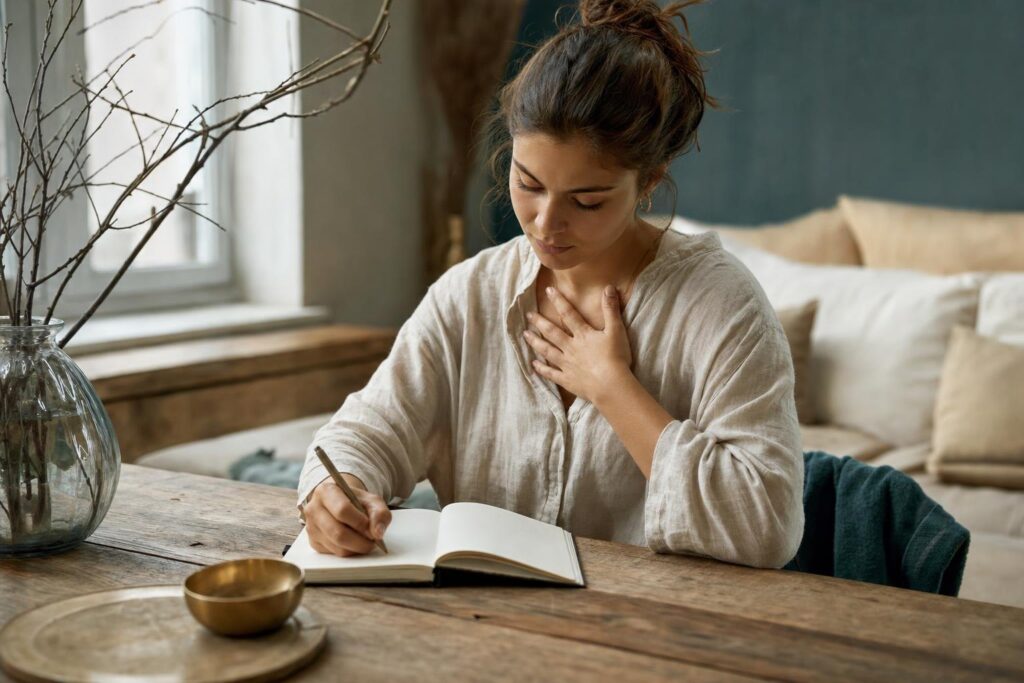 Jüngere Frau notiert nach einer achtsamen Hand-aufs-Herz-Übung einen Gedanken in ihr Journal