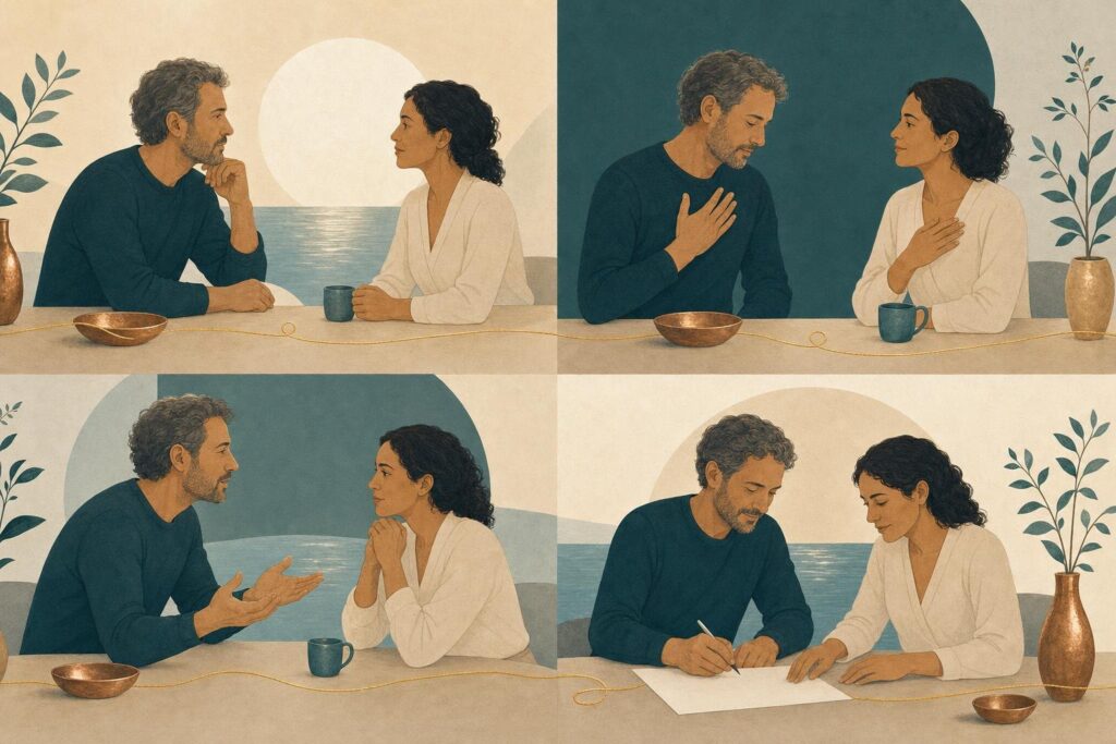 Illustration der vier Schritte nach einem Streit: Pause, Verantwortung, Zuhören und konkrete Vereinbarung