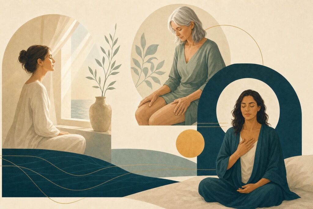 Redaktionelle Illustration dreier gleichwertiger Meditationswege über inneres Sehen, Körperwahrnehmung und einen stillen Satz.
