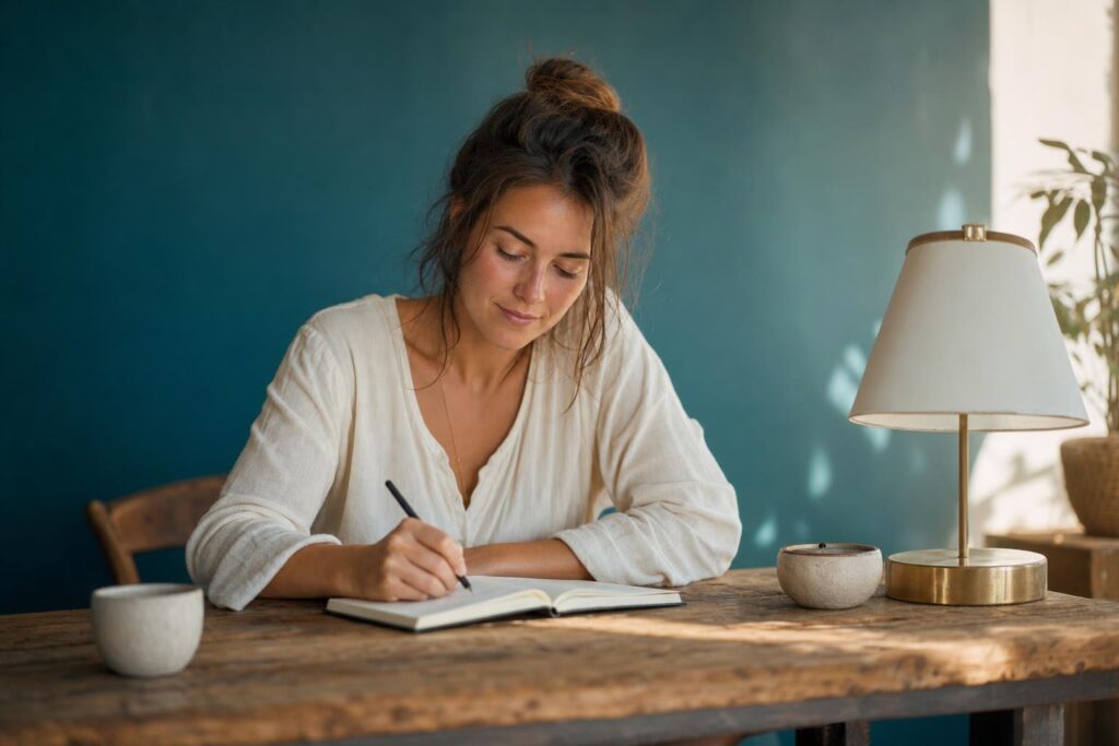 Jüngere Frau hält nach der Meditation einen persönlichen Gedanken in einem schlichten Notizbuch fest.