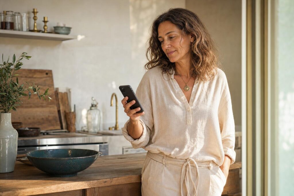 Eine Frau betrachtet nachdenklich ihr Smartphone und hält bei einer auffälligen Zahlenfolge im Alltag inne.