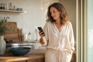 Eine Frau betrachtet nachdenklich ihr Smartphone und hält bei einer auffälligen Zahlenfolge im Alltag inne.