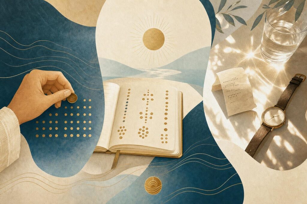 Illustration der drei Perspektiven auf Engelszahlen durch spirituelle Symbolik, geordnete Zahlendeutung und alltägliche Wahrnehmung.