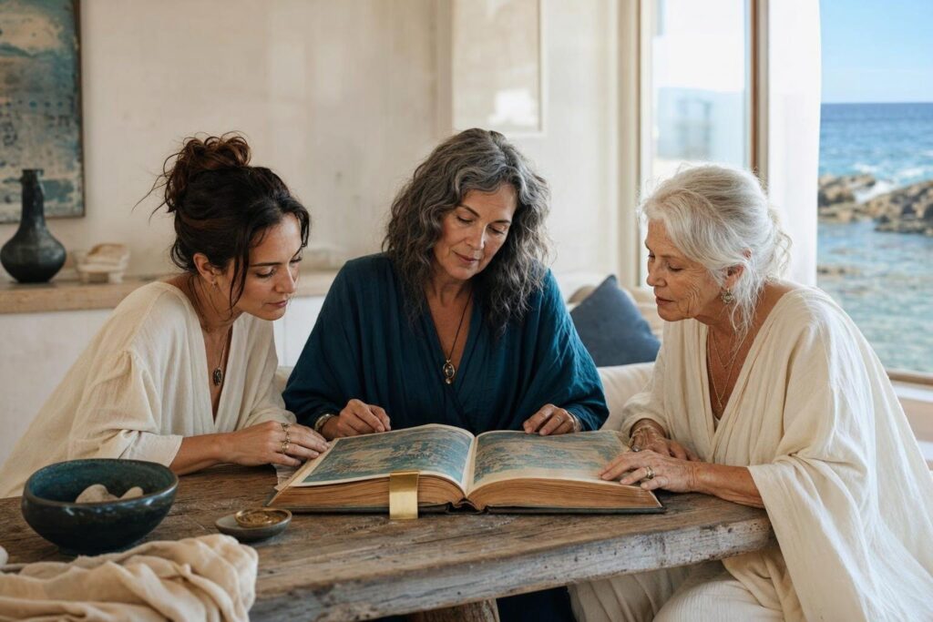 Drei Frauen verschiedener Generationen betrachten in einem hellen Raum am Meer gemeinsam ein Kunstbuch über historische Engelbilder.