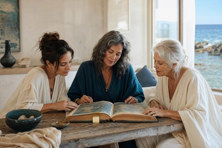 Drei Frauen verschiedener Generationen betrachten in einem hellen Raum am Meer gemeinsam ein Kunstbuch über historische Engelbilder.