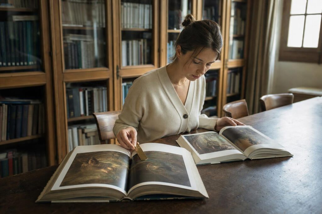 Eine junge Frau vergleicht in einer Bibliothek historische Bilddarstellungen in zwei aufgeschlagenen Kunstbüchern.