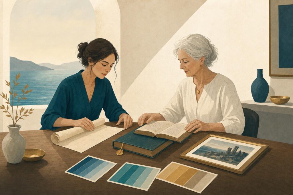 Vektorillustration zweier Frauen, die alte Schriften, historische Bildkunst und moderne Farbkarten getrennt auf einem Tisch ordnen.
