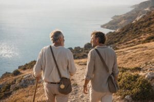 Zwei Menschen unterschiedlichen Alters gehen gemeinsam mit einem Wanderstab auf einem Küstenweg.