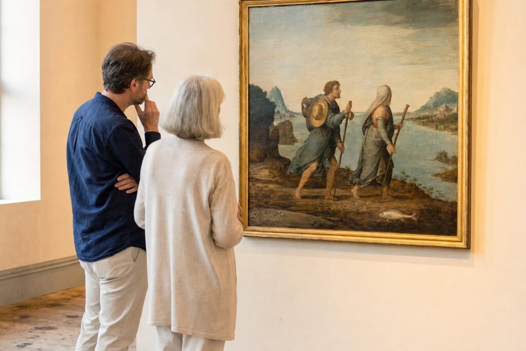 Zwei Museumsbesucher betrachten eine historische Darstellung von Reisenden mit Wanderstab und Fischmotiv.