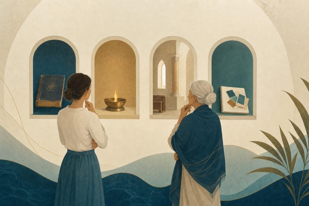 Vektorillustration mit zwei Frauen vor getrennten Bildbereichen für alte Texte, kirchliche Tradition und moderne Deutung