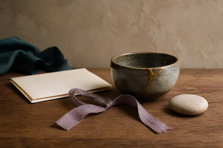 Mit einer goldenen Kintsugi-Naht reparierte Keramikschale neben einem gelösten violetten Leinenband.