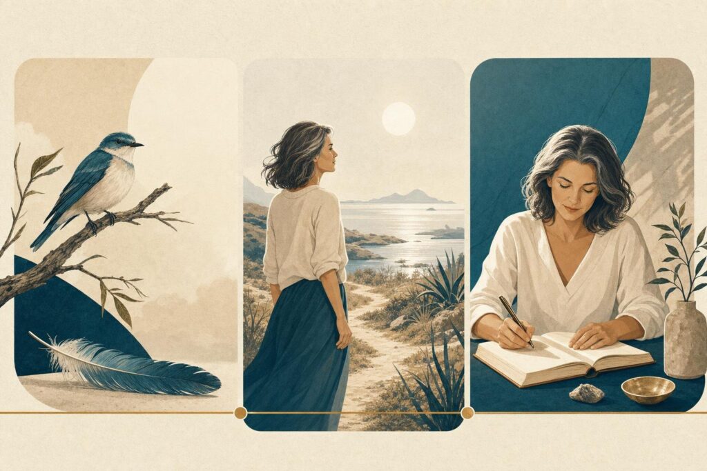 Illustration der drei Schritte Natur, Fundmoment und persönliche Resonanz bei einem Federfund.
