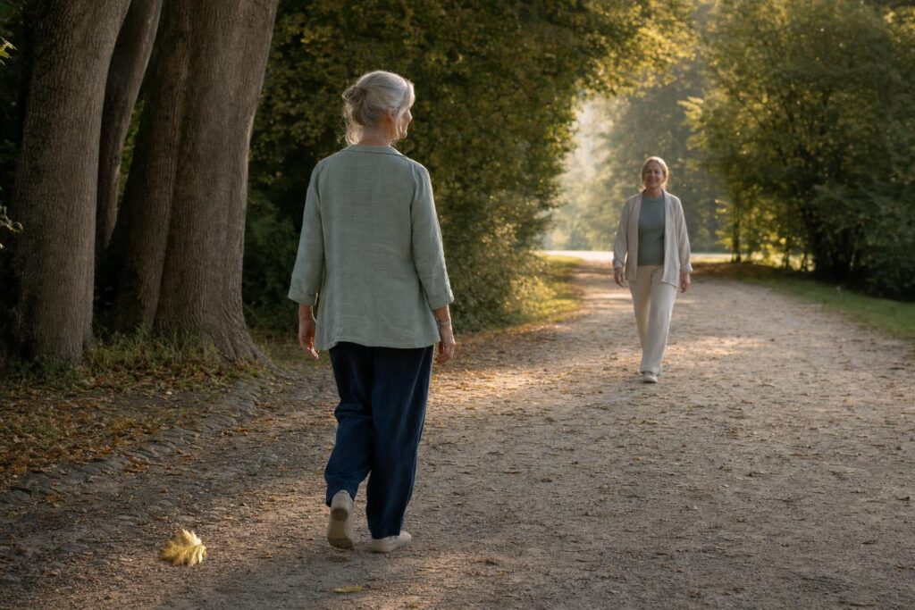 Erwachsene Person mit offenen Augen bei einer ruhigen Gehmeditation auf einem breiten, sicheren Parkweg