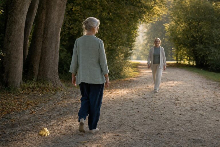 Erwachsene Person mit offenen Augen bei einer ruhigen Gehmeditation auf einem breiten, sicheren Parkweg