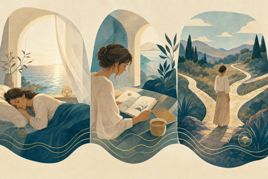 Illustration einer Folge aus Traum, stiller Reflexion und selbstbestimmter Wegwahl.