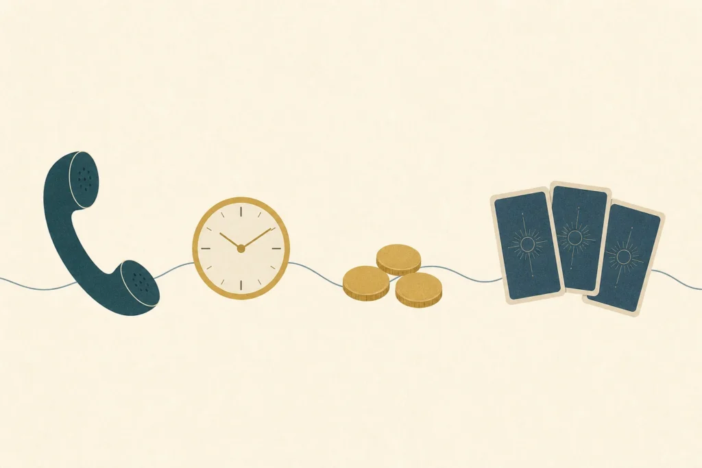 Telefon, Uhr, Münzen und Karten als Symbole für einen selbst gewählten Gesprächsrahmen