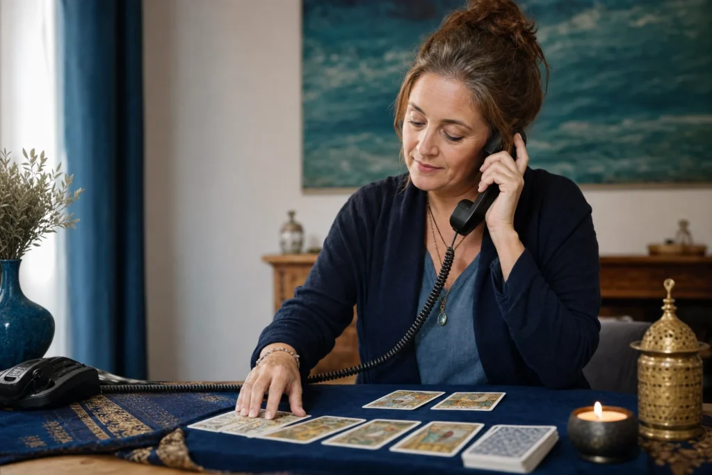 Kartenlegerin deutet während einer telefonischen Beratung Tarotkarten