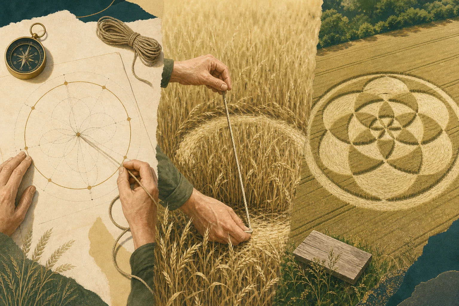 Illustration zur Planung eines Kornkreises mit geometrischer Zeichnung, Messschnur und fertiger Formation im Getreidefeld.